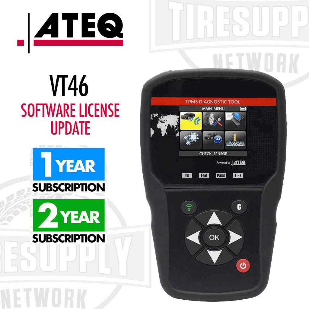 ATEQ VT46 TPMS Tool Software License Update promotional image featuring the VT46 TPMS tool with subscription duration options of 1 year and 2 years displayed.