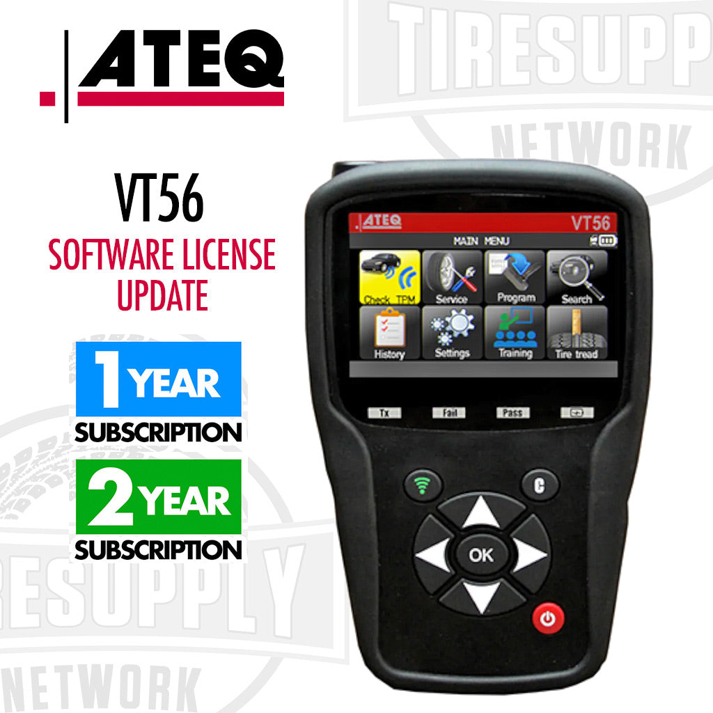 ATEQ VT56 TPMS Tool with a display showing software license update options, 1-year and 2-year subscriptions indicated.