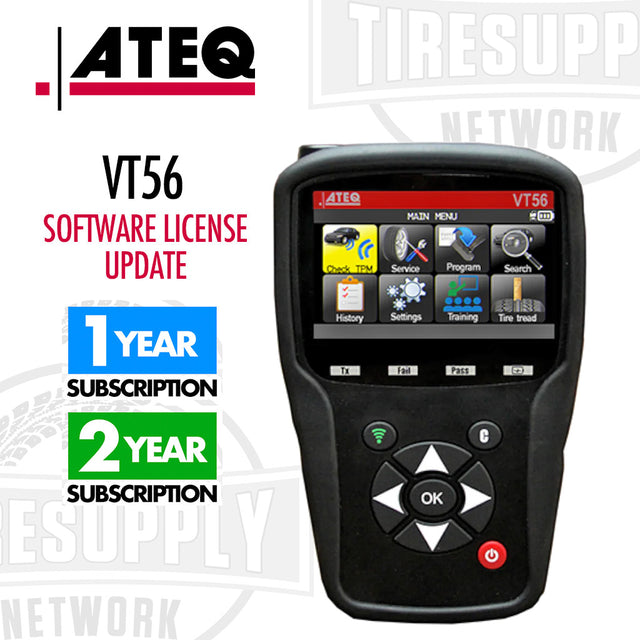 ATEQ VT56 TPMS Tool with a display showing software license update options, 1-year and 2-year subscriptions indicated.