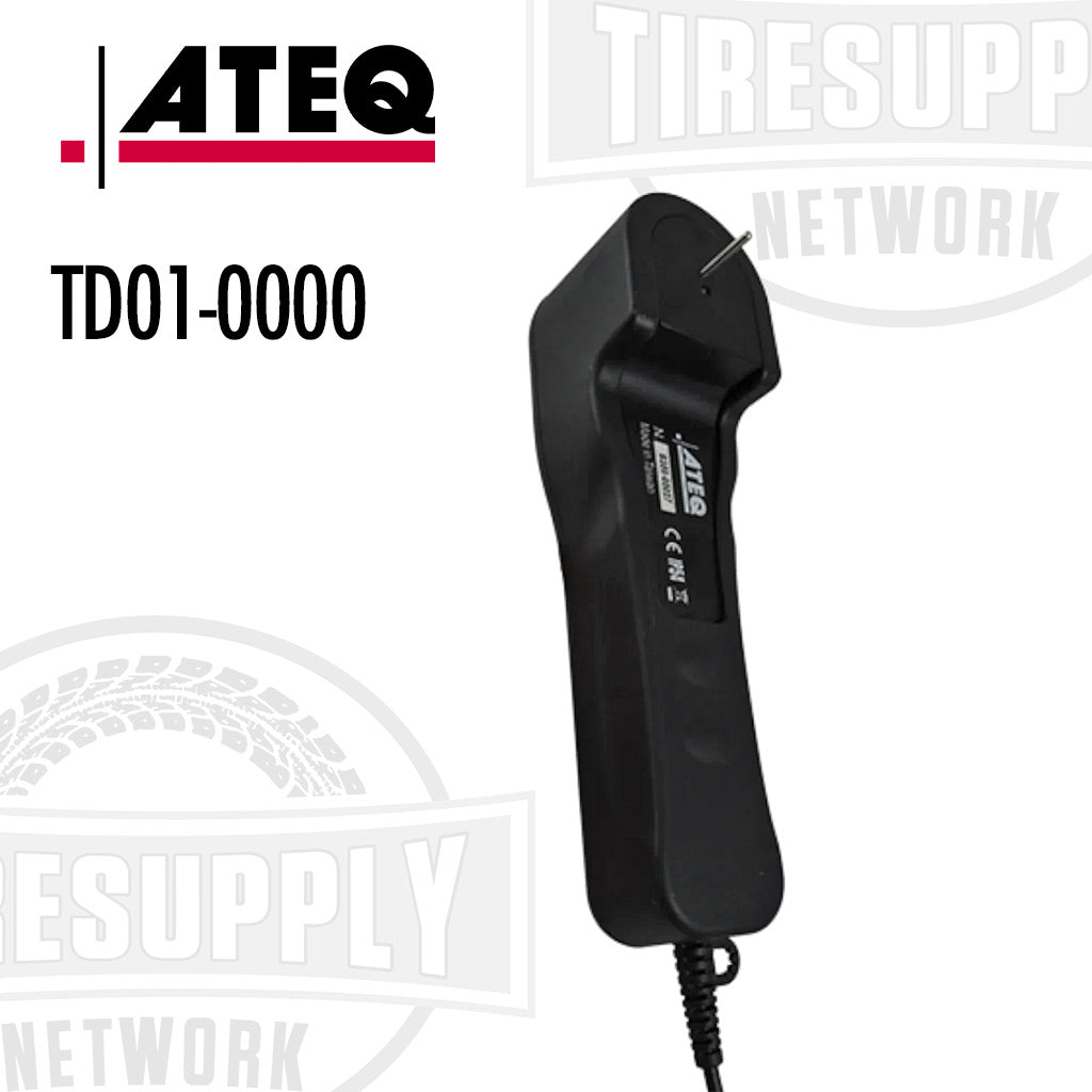 ATEQ brand tire tread depth gauge accessory with a black grip handle and a wired connection, designed as an add-on for the VT56 TPMS service tool. TD01-0000