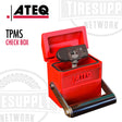 A red ATEQ TPMS Sensor Check Box with a black mounting bracket, designed for testing tire pressure monitoring system sensors.