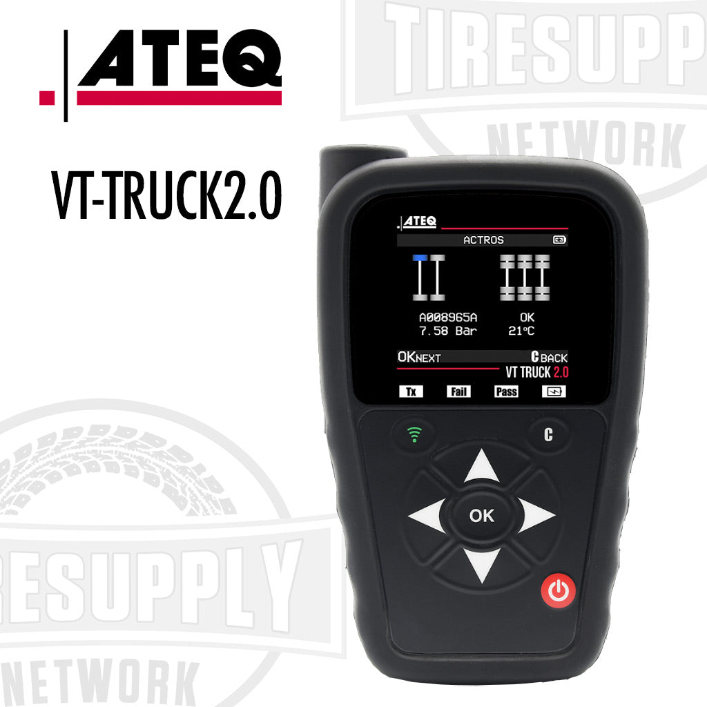 ATEQ VT-TRUCK2.0 commercial vehicle TPMS tool with a digital screen and buttons, predominantly black in color.