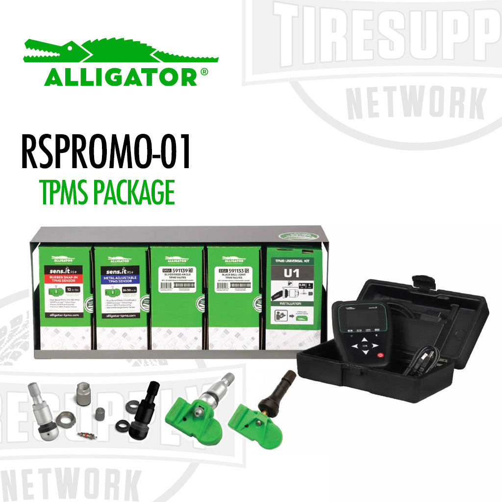 An image showcasing the Alligator Complete TPMS Package, including boxes of TPMS sensors, valve stems, a wall-mounted cabinet, and a TPMS application reference guide.