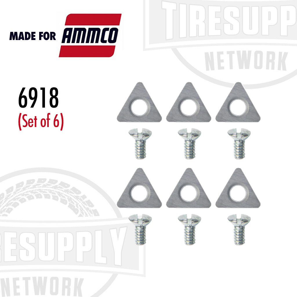 A set of six positive rake carbide insert brake lathe bits with accompanying screws, designed for use with Ammco 3850 lathes, displayed on a white background with the Ammco logo.