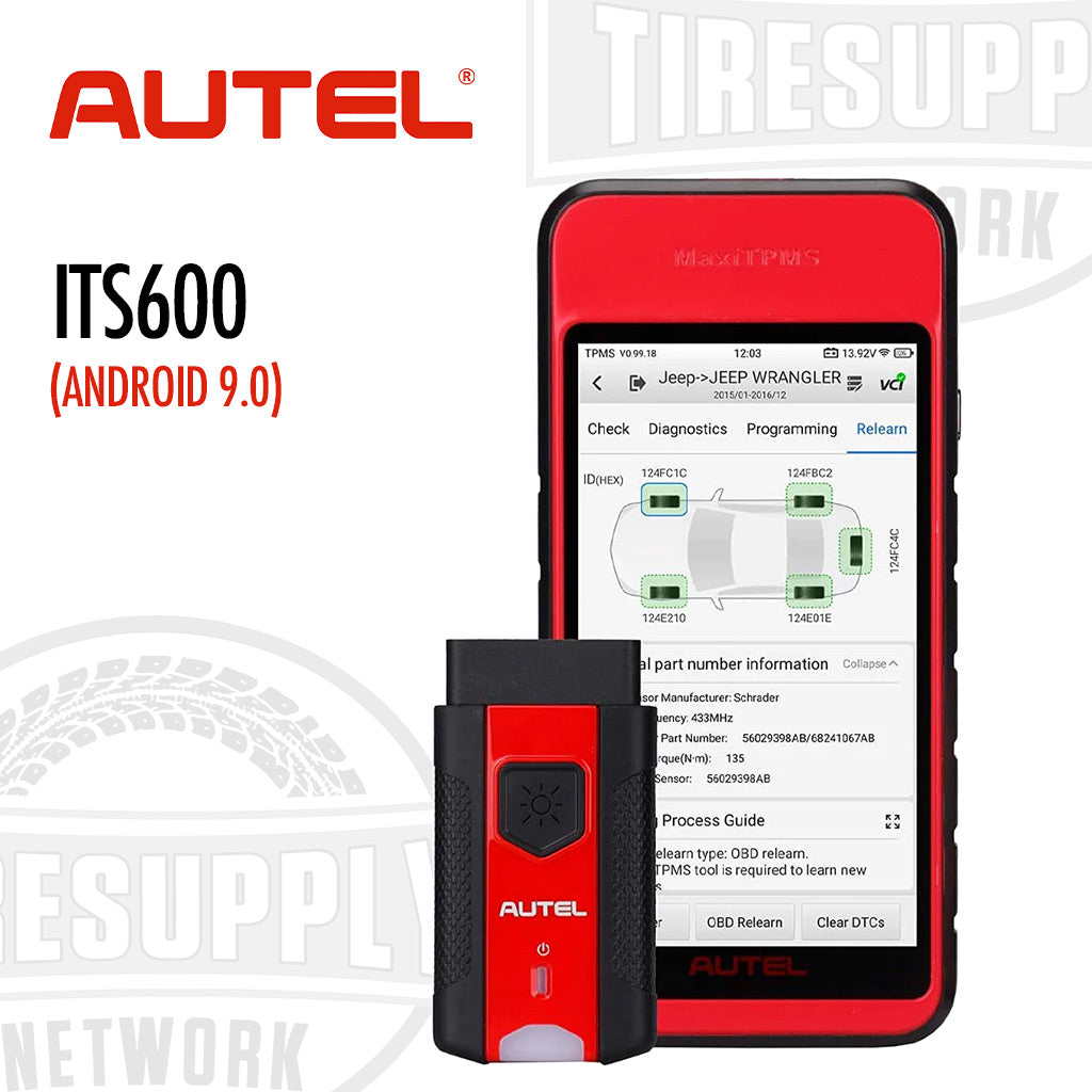 Autel MaxiTPMS ITS600 diagnostic tool, a touchscreen Android-based tablet with a red and black color scheme, alongside a MaxiVCI V200 wireless OBDII connector.