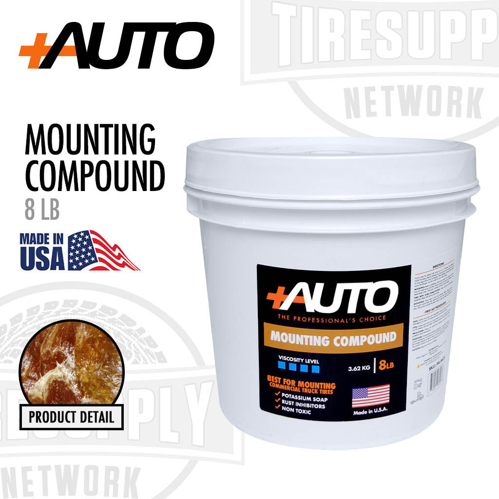 White bucket of +AUTO mounting compound with branding and product details on a white background.