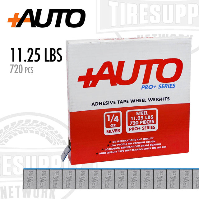 +AUTO Pro+ Series adhesive tape wheel weights, 11.25 lbs, 720 pcs, steel. OE specifications and quality. Low profile rim contour design. Corrosion resistant OEM grade coating. High quality tape that remains stuck on the rim.