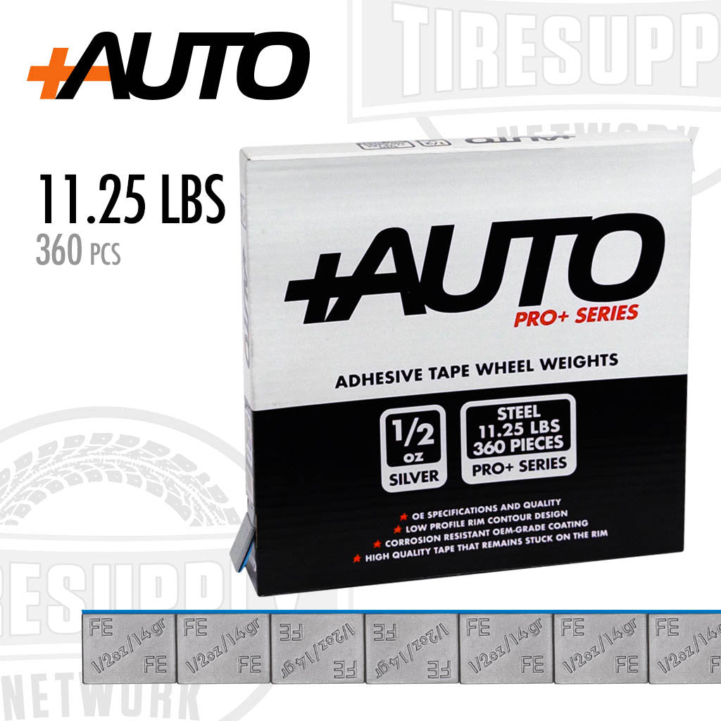 +AUTO Pro+ Series adhesive tape wheel weights, 11.25 lbs, 720 pcs, steel. OE specifications and quality. Low profile rim contour design. Corrosion resistant OEM grade coating. High quality tape that remains stuck on the rim.