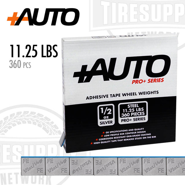 +AUTO Pro+ Series adhesive tape wheel weights, 11.25 lbs, 720 pcs, steel. OE specifications and quality. Low profile rim contour design. Corrosion resistant OEM grade coating. High quality tape that remains stuck on the rim.