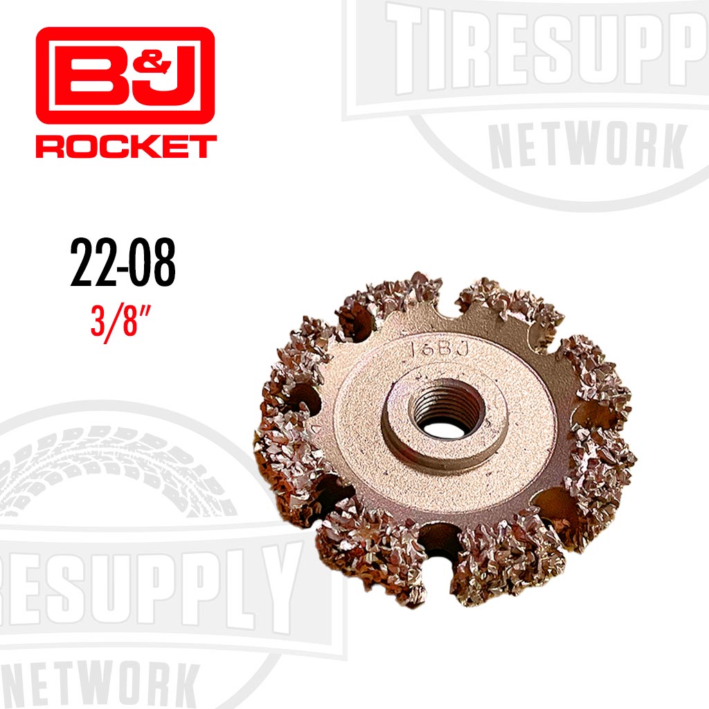 A B&J Rocket buffing wheel with 3/8 inch size and 16 grit, primarily used for material removal and surface finishing.