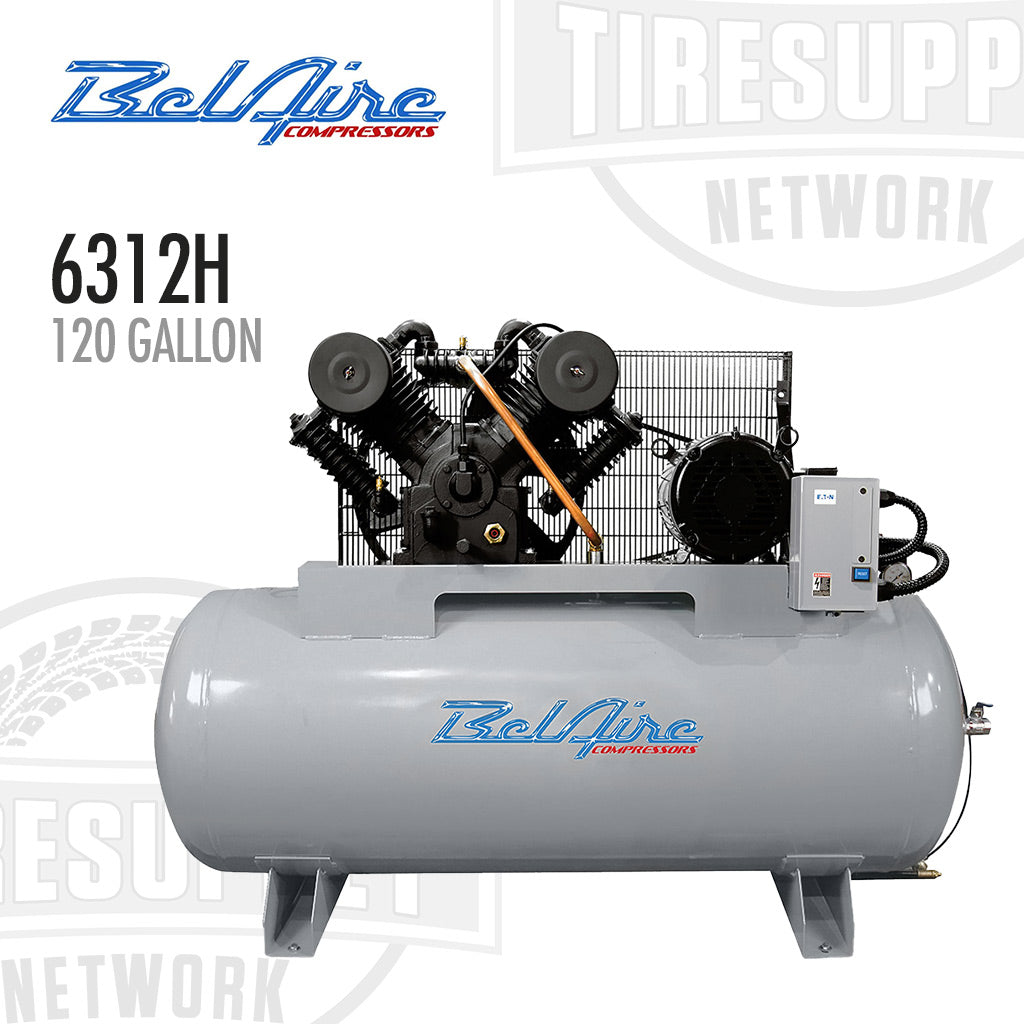 Bel-Aire compressor with visible branding on a white background. 6312H 120 Gallon.