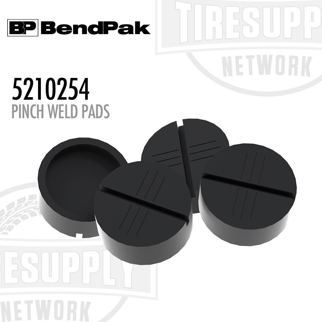 Black pinch weld pads with BendPak and TireSupply Network branding on a white background.