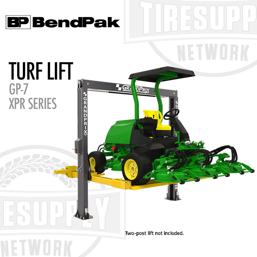 BendPak Turf Lift GP-7 XPR Series with a green lawn mower on a white background