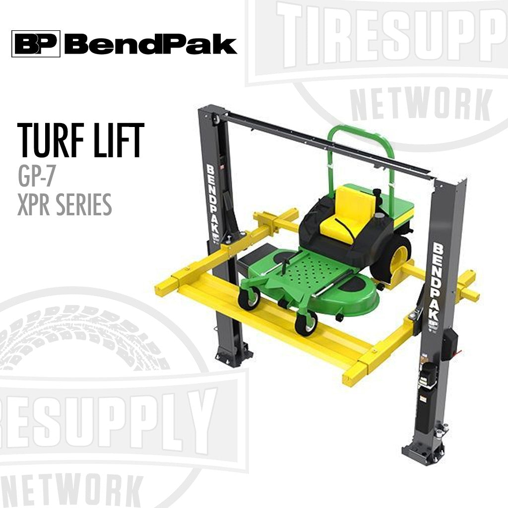BendPak Turf Lift GP-7 XPR Series with a green lawn mower on a white background