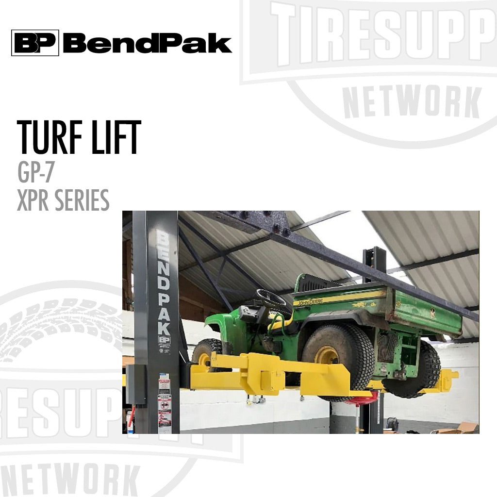 BendPak Turf Lift GP-7 XPR Series being used on a lawn mower in a workshop.