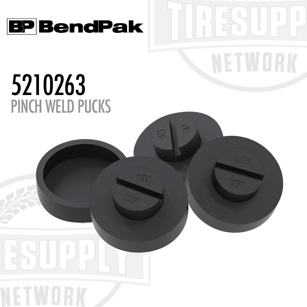 Black pinch weld pucks with BendPak and Tire Supply Network branding on a white background. 5210263