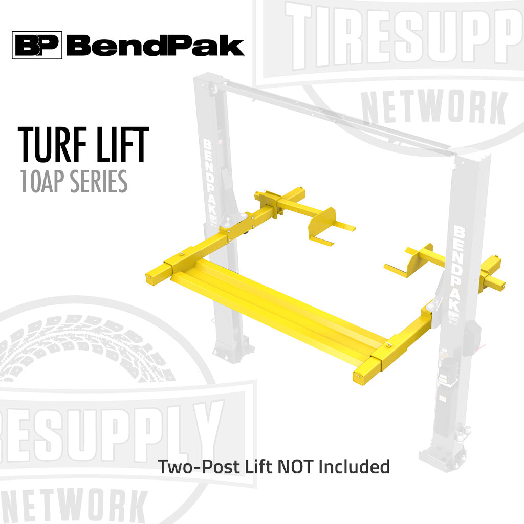 BendPak Turf Lift with yellow frame on a white background, featuring BendPak logo.