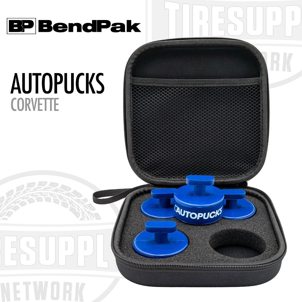 Black carrying case with blue 'Autopucks' for Corvette, featuring BendPak branding. 5216374