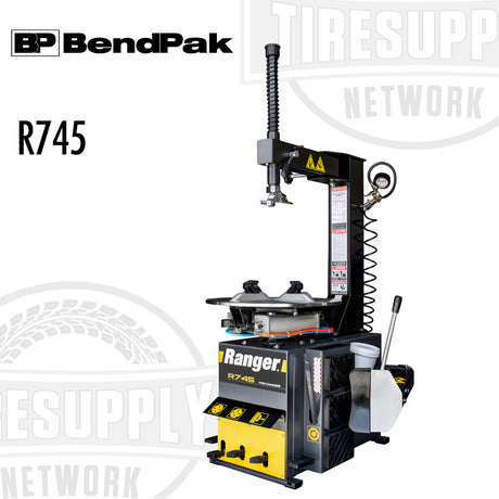 BendPak Ranger R745 Swing Arm Tire Changer machine, predominantly black and yellow in color, with various tools and a vertical arm mechanism.