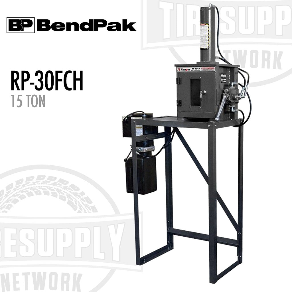 BendPak Ranger 15 Ton Capacity Electric/Hydraulic Oil Filter Crusher with Stand, labeled as RP-30FCH, predominantly black in color.