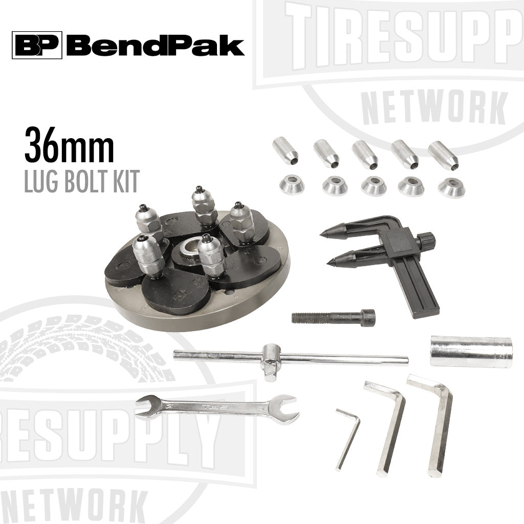 36mm lug bolt kit with tools on a white background, featuring BendPak branding. 5150020