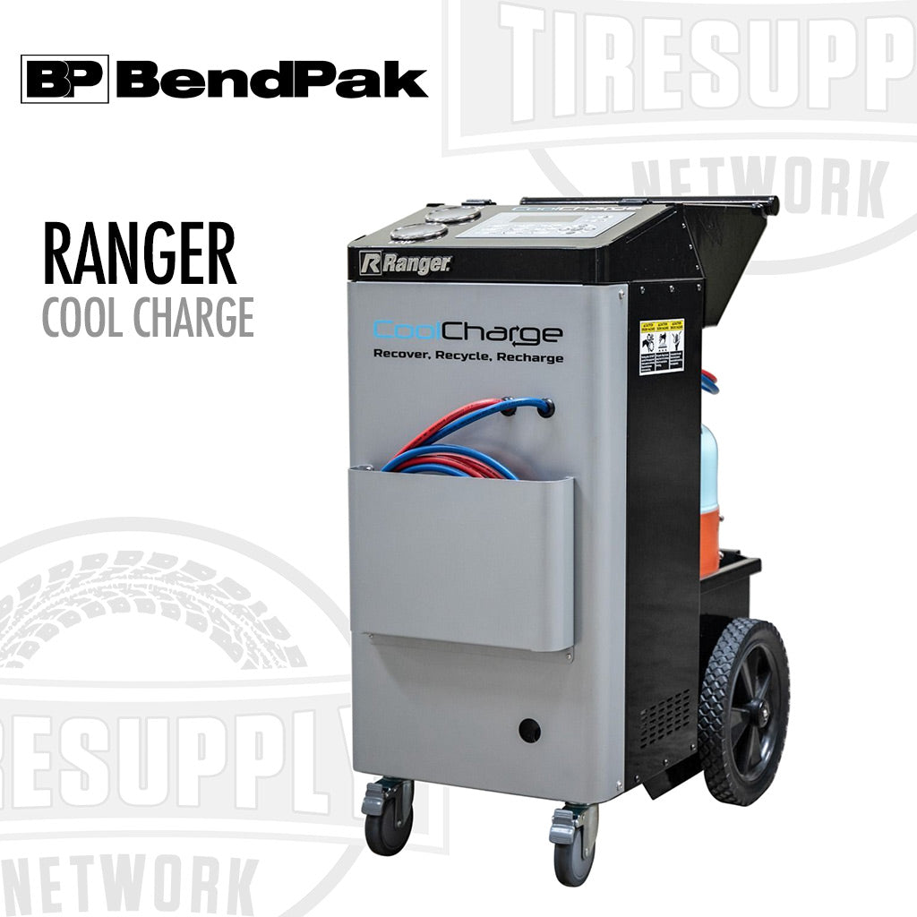 A gray BendPak Ranger AC-134 CoolCharge machine for air conditioning recovery, recycling, and recharging, on wheels with a digital display and hoses attached.