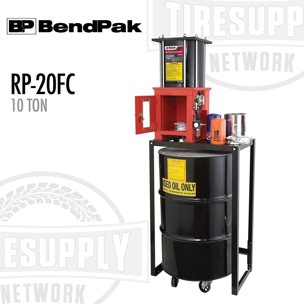 BendPak Ranger 10 Ton Capacity Oil Filter Crusher with Stand, labeled RP-20FC, in black color, against a white background.