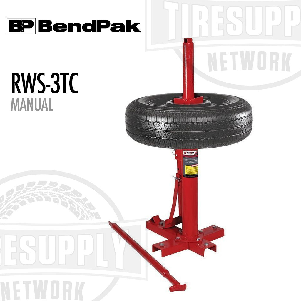 Red tire changer with a tire on a white background, featuring BendPak branding. RWS-3TC