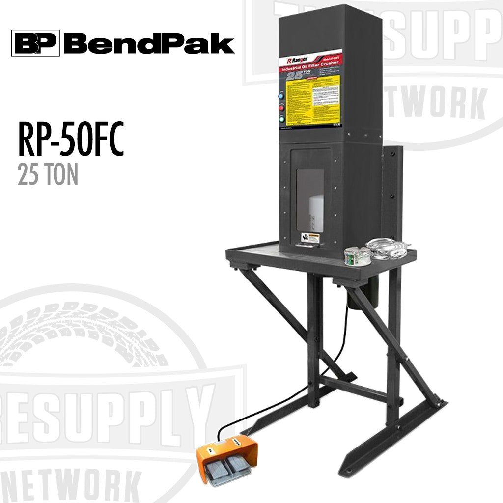 BendPak Ranger 25 Ton Capacity Heavy Duty Electric/Hydraulic Oil Filter Crusher with Stand, model RP-50FC.