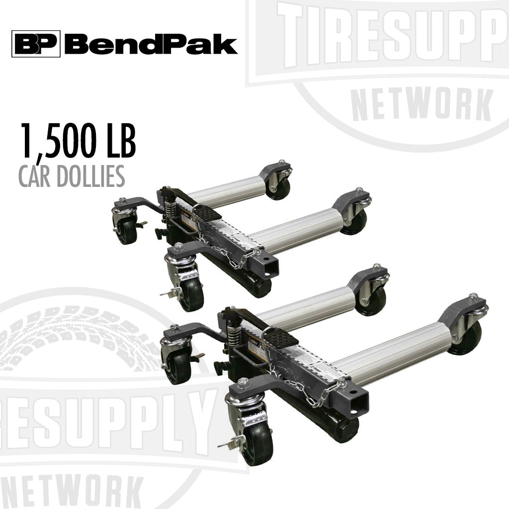 Two car dollies with 1,500 LB capacity on a white background with BendPak and TIRESUPPLY Network logos. 5150595