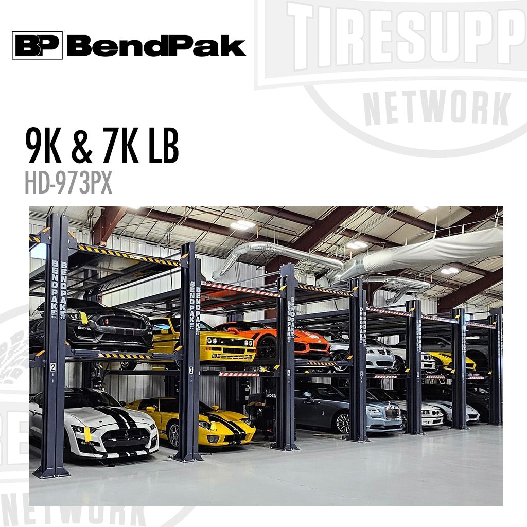 BendPak | 4-Post Lift 9,000-lb & 7,000-lb Capacity High-Rise Extended Length Tri-Level Parking - 151.5″ Rise - HD-973PX (5175267)