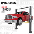 A red and white BendPak 2-Post Lift with a 10,000 lb capacity, featuring clearfloor design and adjustable width, displayed with the brand name prominently shown.