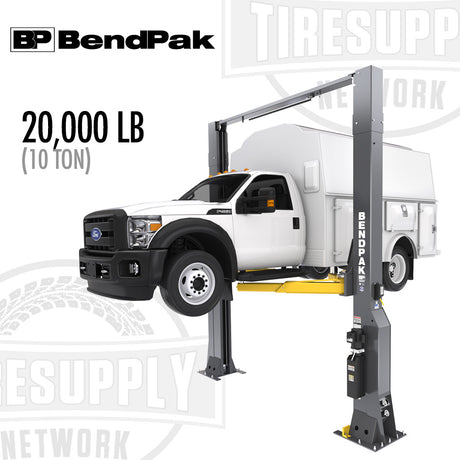 White truck on a BendPak lift with 'BP BendPak' branding. 20,000 lb. 10 Ton.