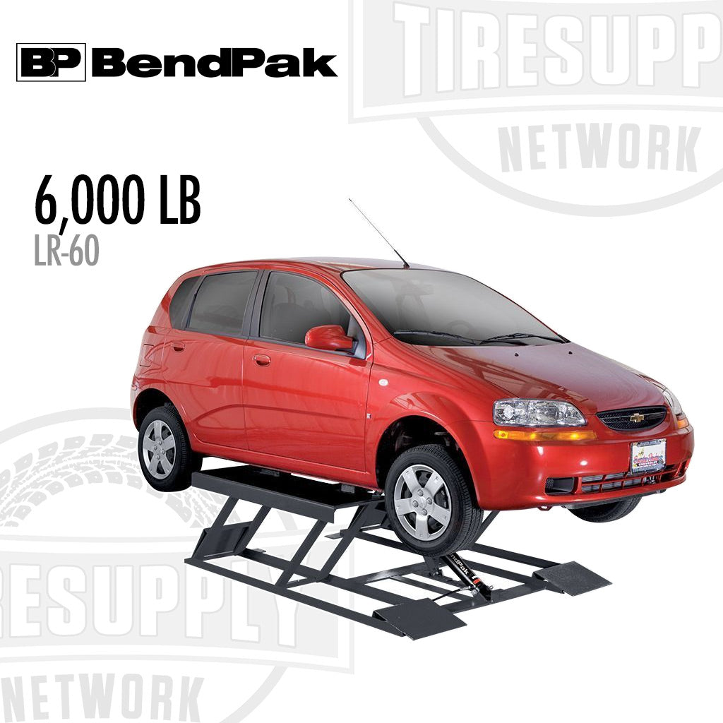 Red car on a BP BendPak tire lifting device with '6,000 LB' and 'LR-60' text.