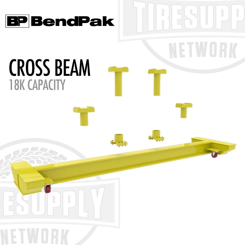 Yellow cross beam with 18k capacity on a white background, featuring BendPak branding. 5215423