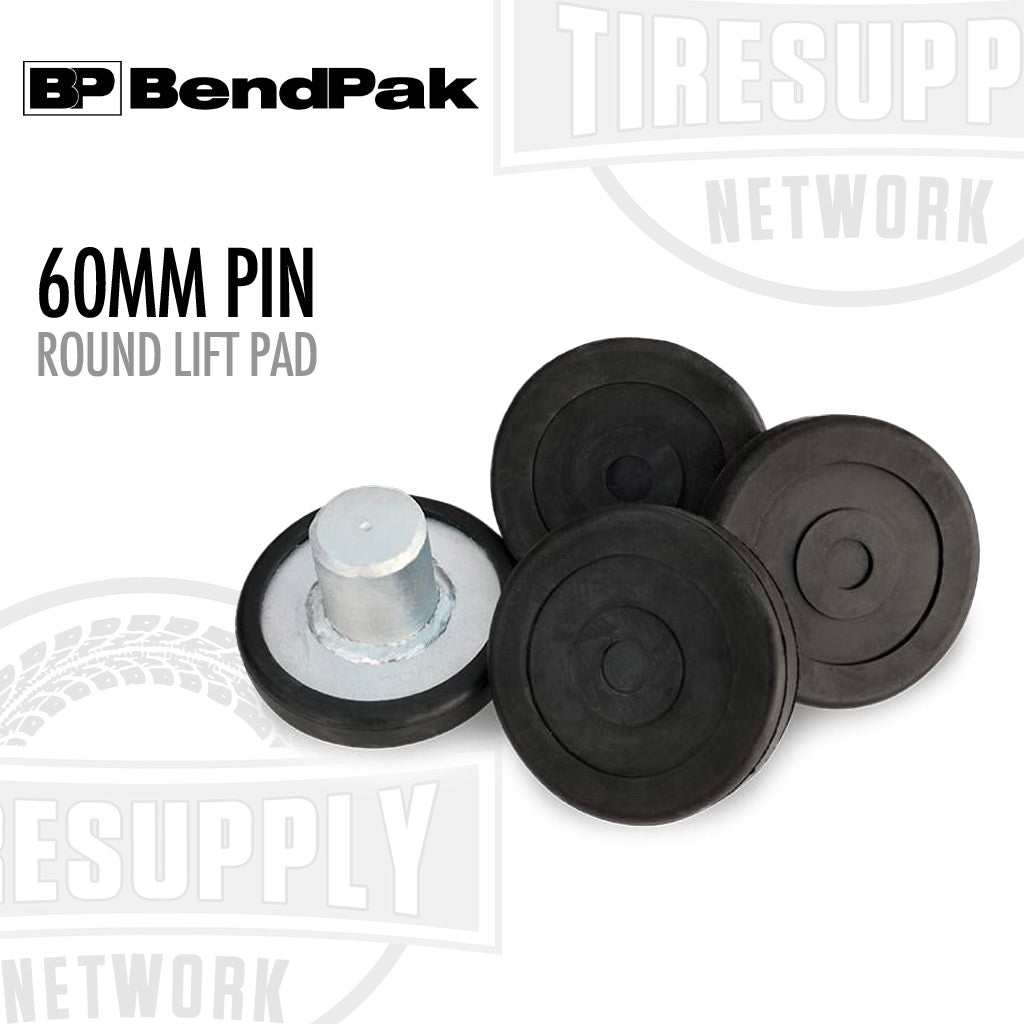 Round lift pad with 60mm pin on a white background with BendPak and Tire Supply Network logos. 5215760