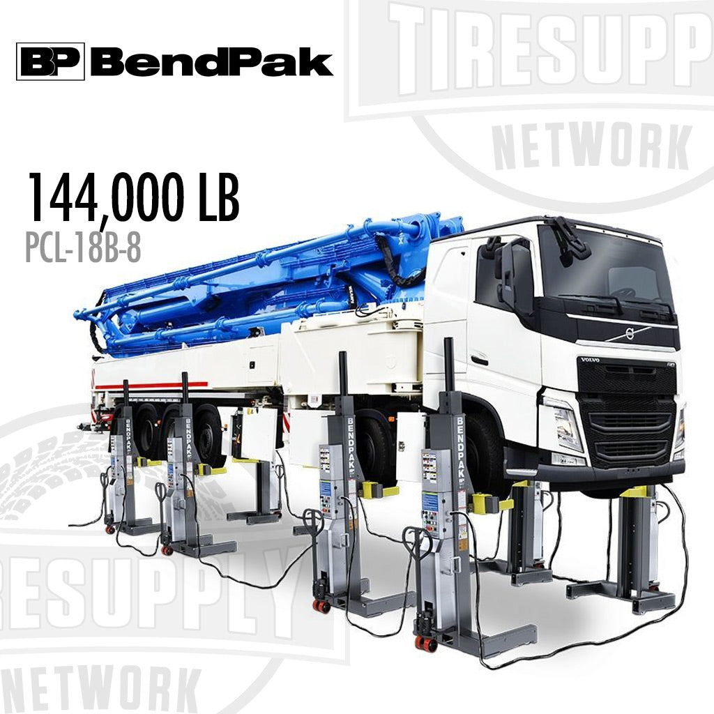 BendPak tire changer system with a truck on a white background, featuring BP BendPak branding. PCL-18B-8