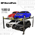 BendPak car lift with four cars on a white background