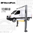 A BendPak 2-Post Lift with a 12,000 lb capacity, clearfloor design, and screw pads. A white van is elevated on the lift, showcasing the lifting capability.