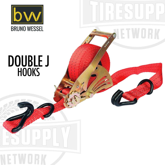 A retractable ratchet tie-down cargo strap with red webbing and gold-colored ratchet mechanism, equipped with double J hooks. QL4500