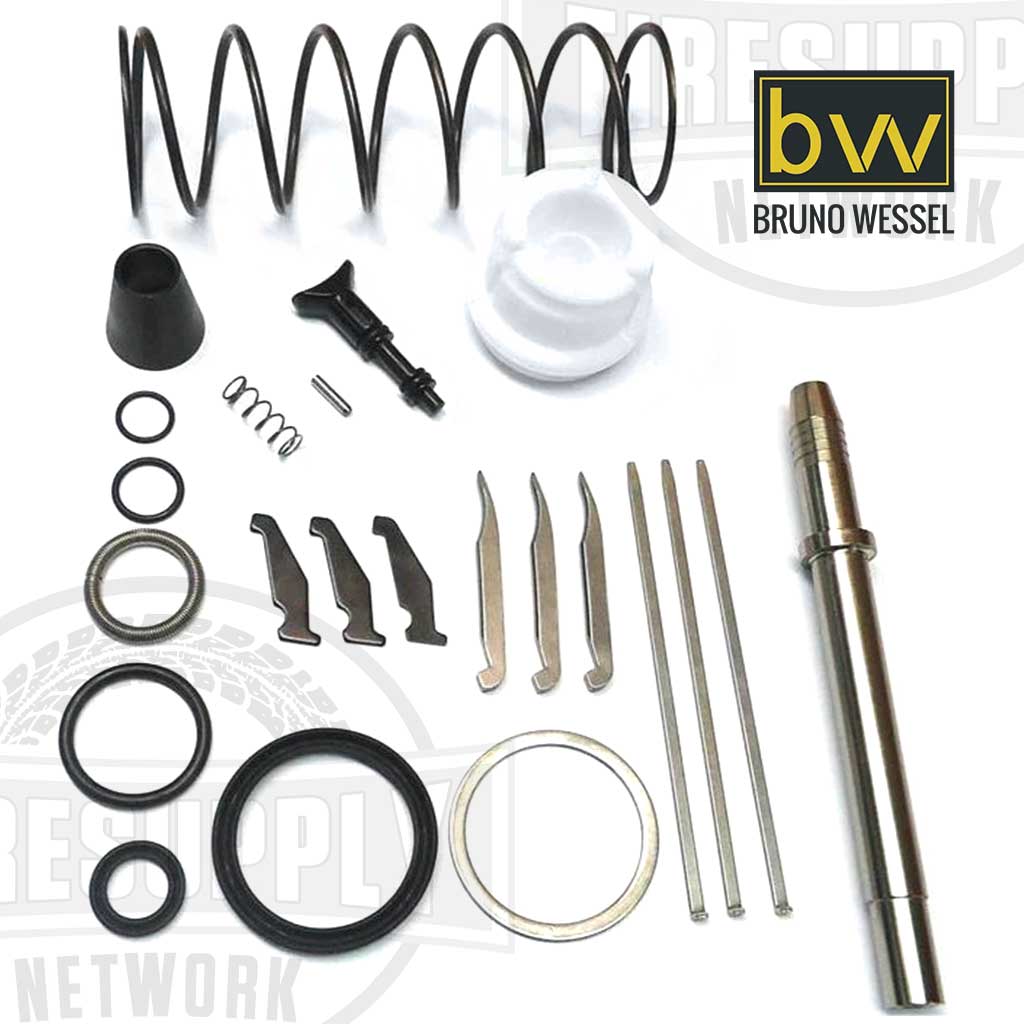 An array of stud gun repair kit components including springs, fingers, o-rings, pistons, and triggers laid out on a white background. TSIT-8. TSIT-9. TSIT-11.