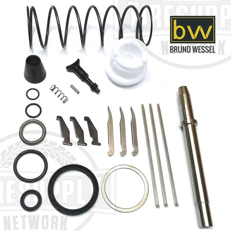 An array of stud gun repair kit components including springs, fingers, o-rings, pistons, and triggers laid out on a white background. TSIT-8. TSIT-9. TSIT-11.