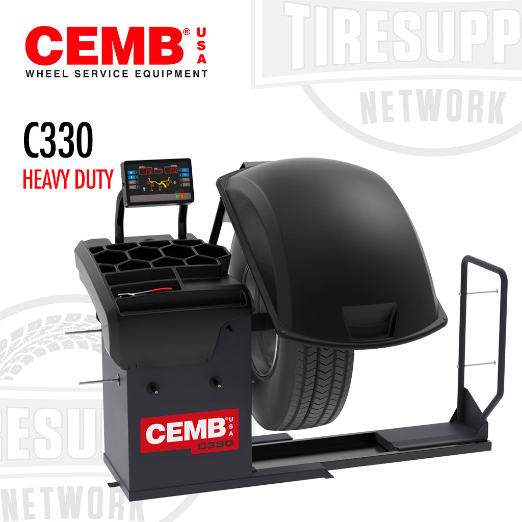 A CEMB heavy duty digital truck and bus wheel balancer, model C330, with a black lifting platform, spindle, and a tire mounted on the balancer, against a white background.