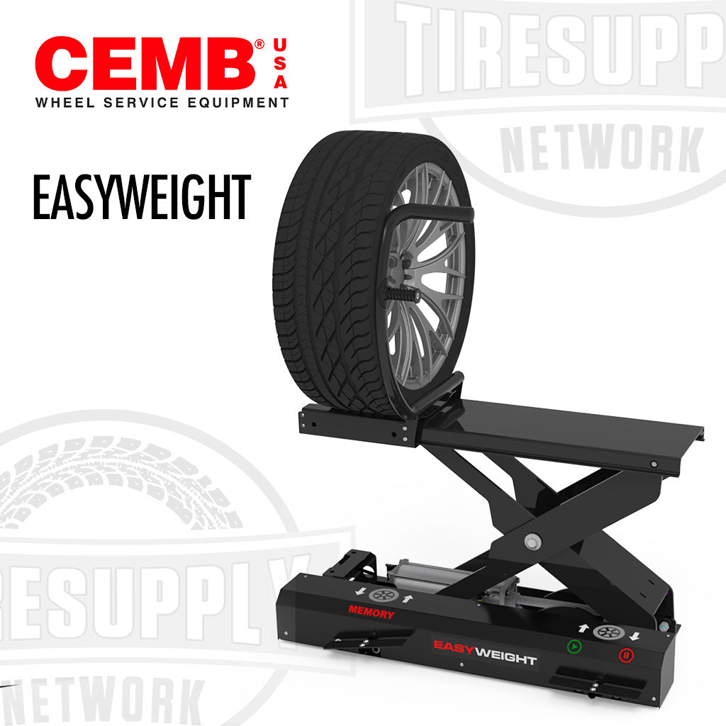Wheel lifting device with tire on a white background, featuring CEMB USA branding. EASYWEIGHT
