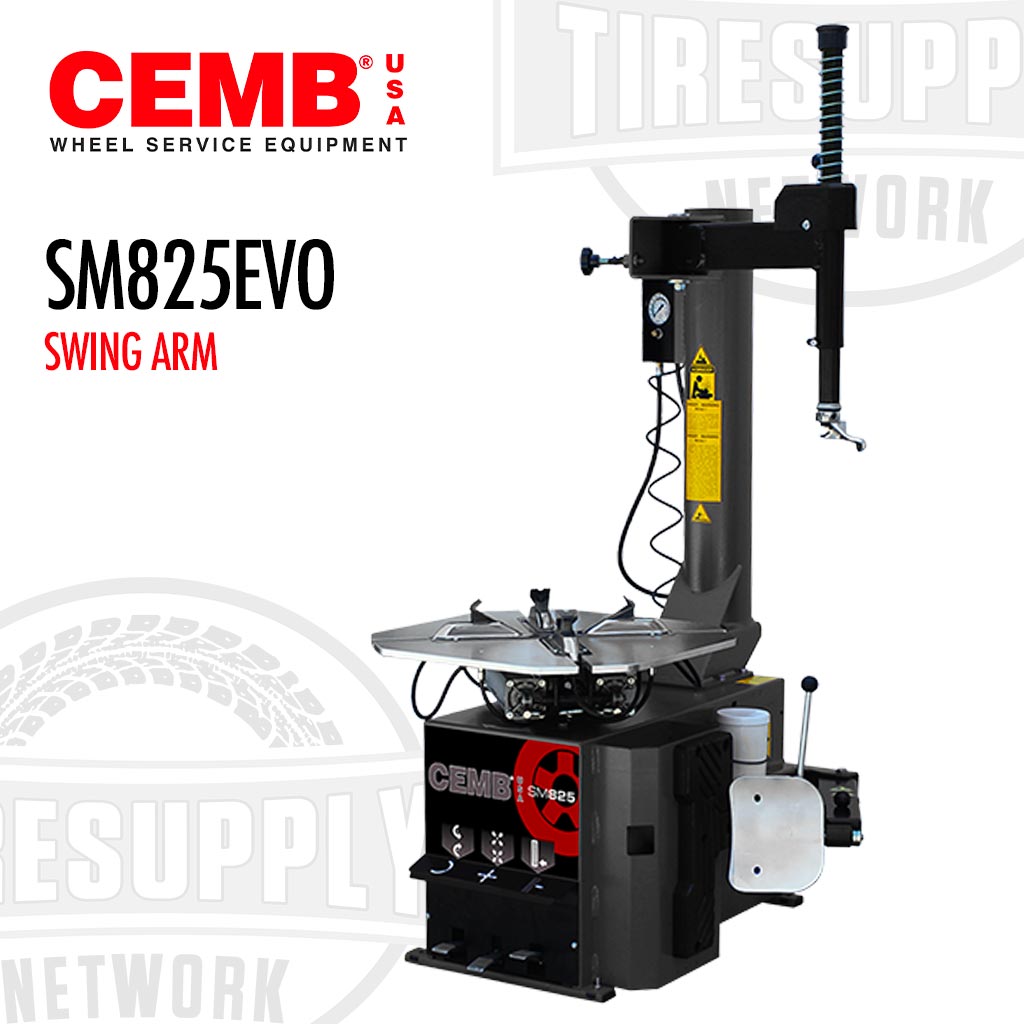 CEMB Space Saving Swing Arm Tire Changer (SM825EVO) is a mechanical device for changing tires, featuring a vertical swing arm, mounted on a base frame with various operational controls.