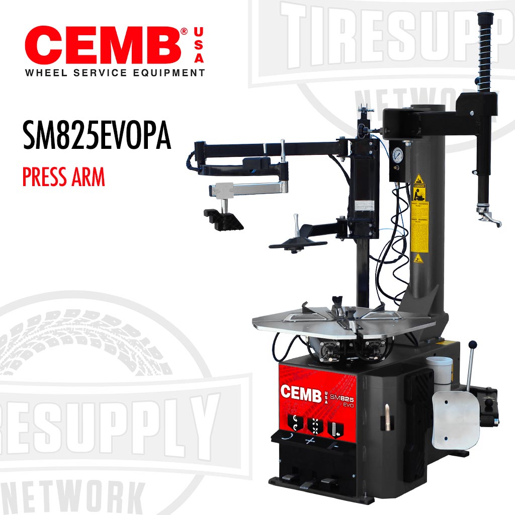 CEMB Space Saving Press Arm Tire Changer (SM825EVOPA) with press arm, mounted on a table with a clamping system and bead breaker shovel, predominantly in black color with some yellow and red detailing.