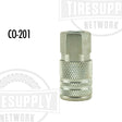A silver-colored 1/4" Industrial Female Coupler, model CO-201, designed for air hoses and reels accessories.