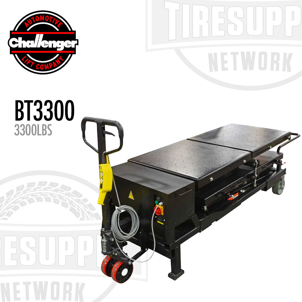Electric vehicle battery lifting table with a capacity of 3300 lbs, black and yellow in color, with a scissor-style lift and hydraulic cylinder, branded by Challenger Lifts.