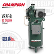 A green and gray Champion VR7F-8 air compressor with aftercooler, starter, auto tank drain, and low oil monitor features listed.