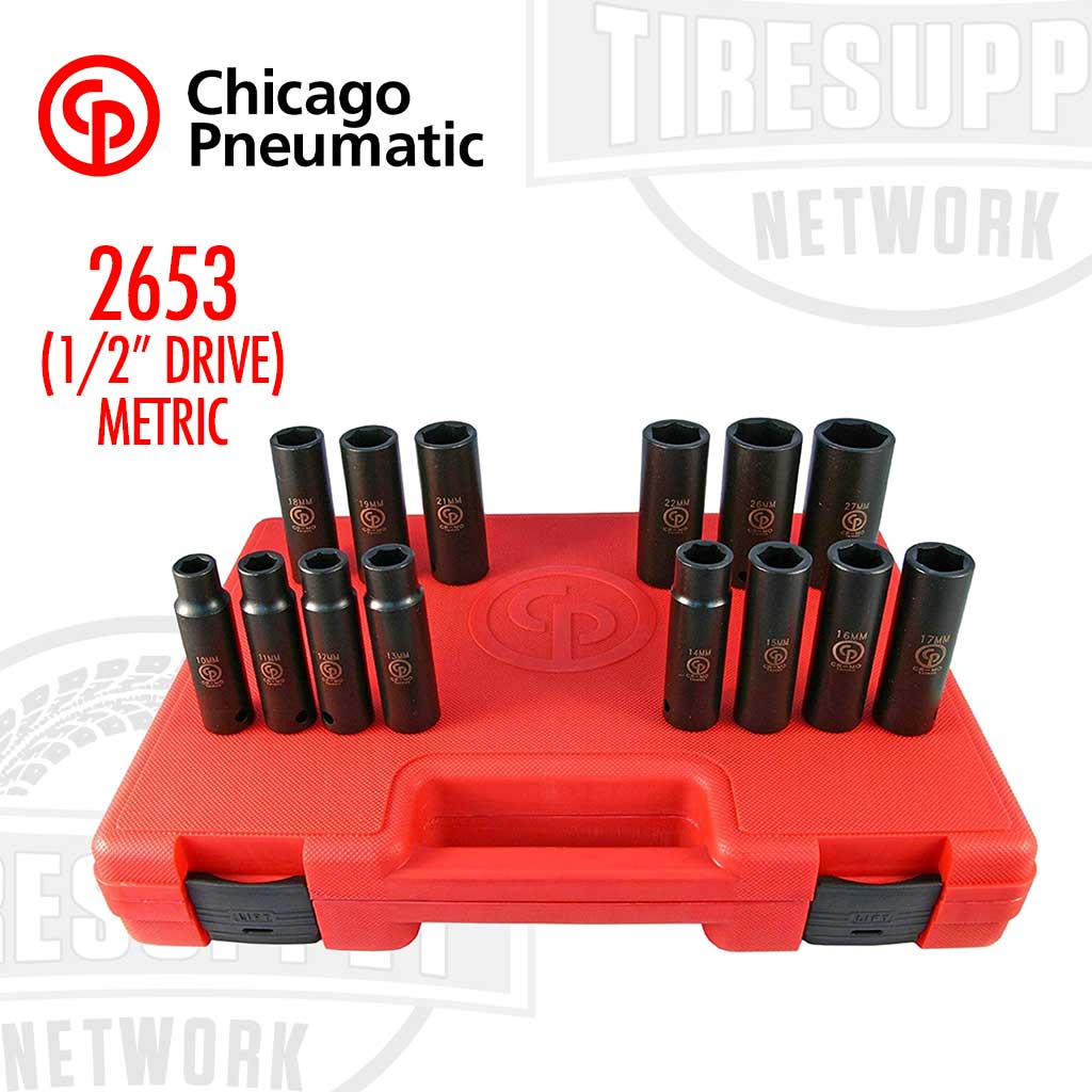 A set of black Chicago Pneumatic impact sockets in various sizes, displayed in a red heavy duty blow molded storage case. 2653